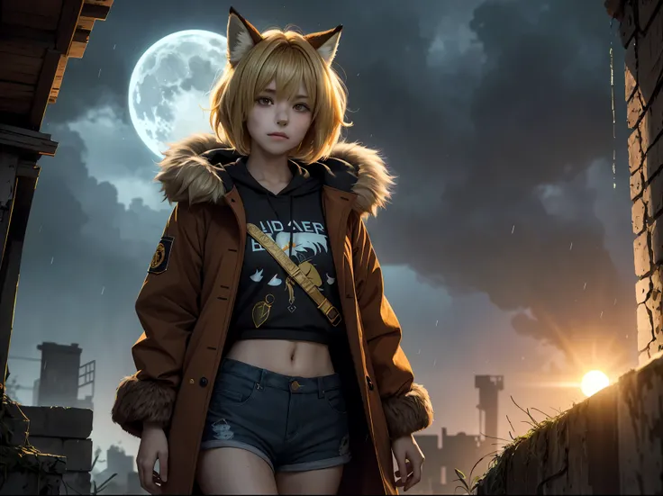 Shota the fox，hairy pubic，shaggy，Skin fur，Golden fur，Golden yellow face fur,Short straight blonde hair，Eyes have light，Red eyes，Brown elements on fur，Brown coat brown hood up，Star pattern white top，brown shorts，Beautiful lights and shadows，Ambient light，Ul...