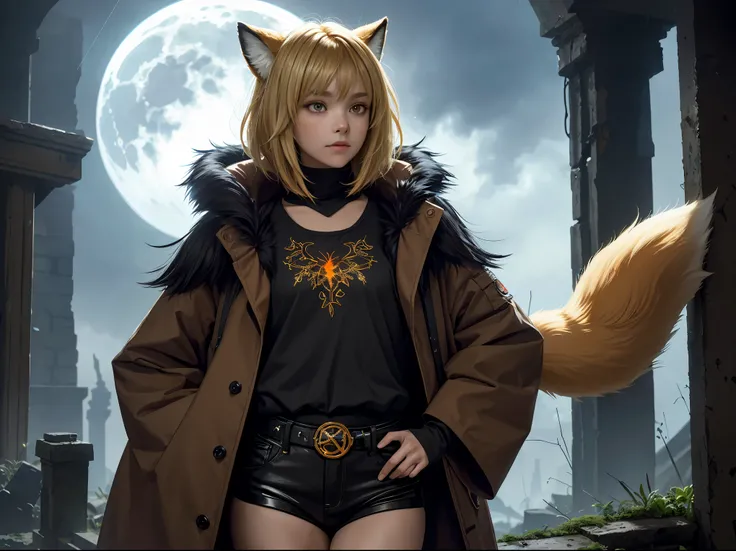 Shota the fox，hairy pubic，shaggy，Skin fur，Golden fur，Golden yellow face fur,Short straight blonde hair，Eyes have light，Red eyes，Brown elements on fur，Brown coat brown hood up，Star pattern white top，brown shorts，Beautiful lights and shadows，Ambient light，Ul...