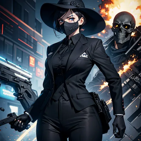 skull face woman wearing black suit holding guns on his hand and a big blast is happening on his background