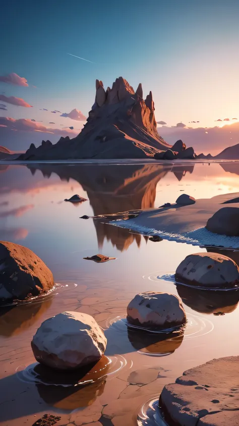 floating rocks on the water at salar de uyuni, 8k, high resolution 