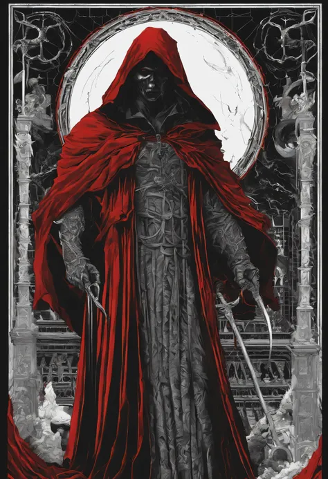 a close up of a man in a red robe holding a scythe, red hooded mage, martin ansin, beautiful male god of death, frank cho, inspired by Henry Justice Ford, kilian eng. Moebius, wearing cultist red robe, red cloak, dressed in a beautiful red cloak, zenescope...