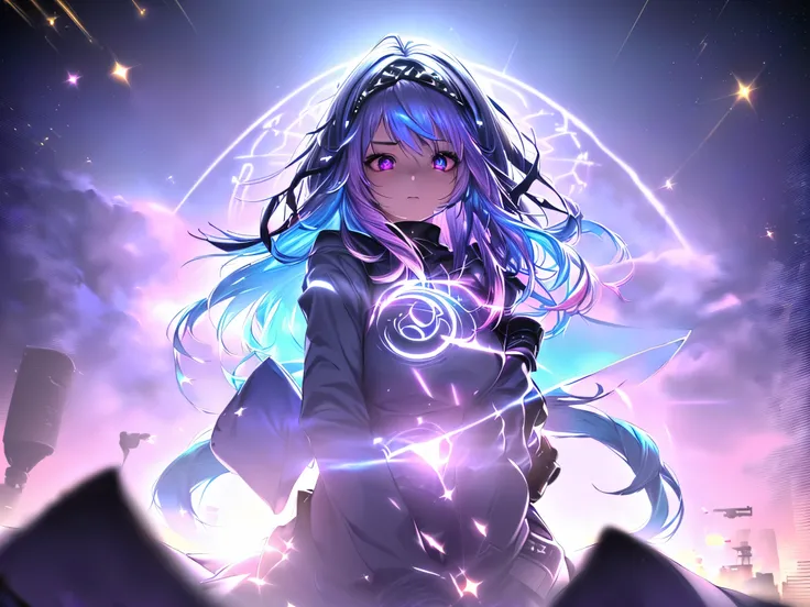 1 girl, 20 year old girl, one person, (Silver blue hair streaked pink purple:1.4), (Gradient sky blue hair ends:1.6), hair strand, absurdly long hair, single sidelock, wavy hair, shiny hair, floating hair, (Illusion deep purple eyes), delicate eyes, aqua e...