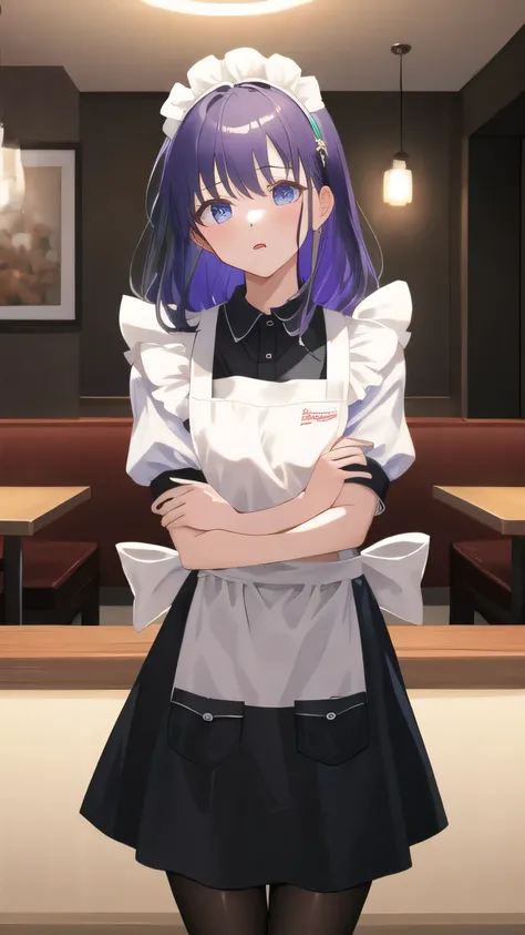 (masterpiece, highest quality, Super detailed, detailed and beautiful eyes:1.2), nice hands, perfect hands, 1 girl, raiden mei, maid, maid headdress, maid apron, pantyhose, cowboy shot, restaurant, indoors,  Raise your arms and fold them behind your head、