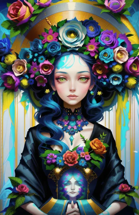 painting of a woman with a hat and flowers on her head, Beeple and Jeremiah Ketner, Tom Bagshaw Natalie Shaw, Elysian Virgin in floralpunk style, beautiful art uhd 4 k, just a joke, stunningly beautiful art, flower storm portrait, Artgerm Julie Bell Beeple...