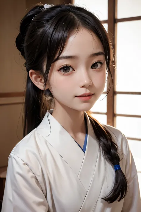 (Beautiful 12 year old Japanese woman), cute face, (deeply carved face:0.7), (freckles:0.6), soft light,healthy white skin, shy, (serious face), thin, smile, uniform, ponytail