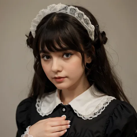 Cute vintage Porcelain doll, black and long curly hair and bangs,black deer eyes ,tall nose, small lips,black lolita dress.