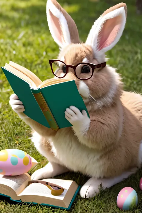 Easter bunny wearing glasses and reading a book