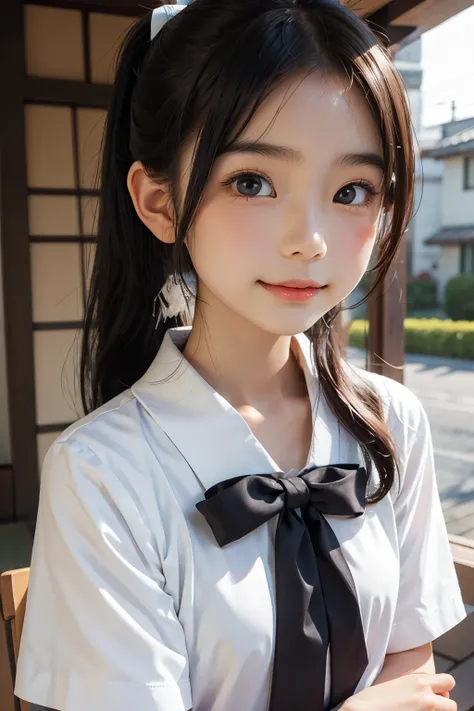 Beautiful 12 year old Japanese woman), cute face, (deeply carved face:0.7), (freckles:0.6), soft light,healthy white skin, shy, (serious face), thin, smile, uniform, ponytail