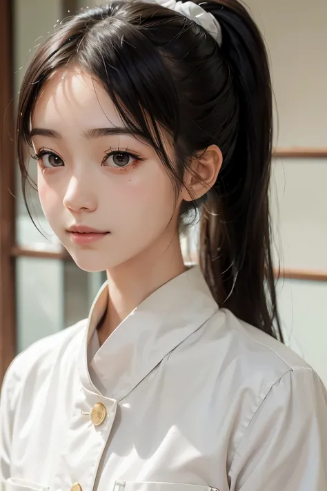 (Beautiful 12 year old Japanese woman), cute face, (deeply carved face:0.7), (freckles:0.6), soft light,healthy white skin, shy, (serious face), thin, smile, uniform, ponytail