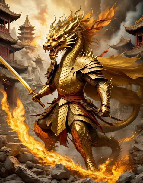 (anthropomorphic Chinese dragon warrior in golden armor fighting enemies), sword swinging through dungeon roofs, flames, rubble, explosions, epic images, iper quality, iper detail, intricate detail, octan rendering, cinema, standing facing the viewer, myth...