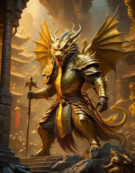 (anthropomorphic chinese dragon warrior in golden armor fighting enemies), swinging sword through dungeon roof, iper quality, ip...