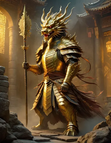 (anthropomorphic chinese dragon warrior in golden armor fighting enemies), swinging sword through dungeon roof, iper quality, ip...