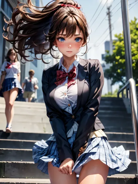 ((highest quality, High resolution, perfect pixel, 4k))), 1 woman, beautiful woman、I could see the whole body、walking down the subway stairs、lots of commuters、 ((ponytail, bangs, brown hair)), ((brown eyes, beautiful eyelashes, realistic eyes)), ((detailed...