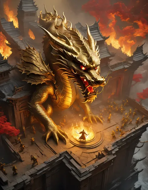 top view，(anthropomorphic chinese dragon warrior in golden armor fighting enemies), sword swinging through dungeon roofs, red fl...