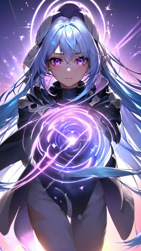 1 girl, 20 year old girl, one person, (Silver blue hair streaked pink purple:1.4), (Gradient sky blue hair ends:1.6), hair strand, absurdly long hair, single sidelock, wavy hair, shiny hair, floating hair, (Illusion deep purple eyes), delicate eyes, aqua e...