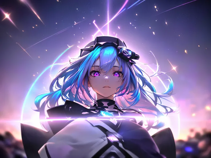 1 girl, 20 year old girl, one person, (Silver blue hair streaked pink purple:1.4), (Gradient sky blue hair ends:1.6), hair strand, absurdly long hair, single sidelock, wavy hair, shiny hair, floating hair, (Illusion deep purple eyes), delicate eyes, aqua e...