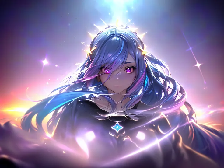 1 girl, 20 year old girl, one person, (Silver blue hair streaked pink purple:1.4), (Gradient sky blue hair ends:1.6), hair strand, absurdly long hair, single sidelock, wavy hair, shiny hair, floating hair, (Illusion deep purple eyes), delicate eyes, aqua e...