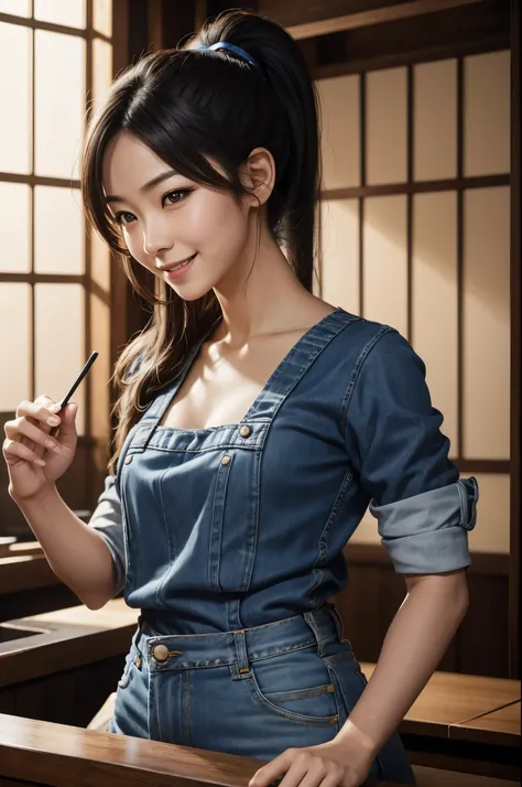 8K,Japanese woman working at an izakaya,Super beautiful(like the real thing),Tavern clerk costume,ponytail,jeans,smile,masterpiece,Photorealistic RAW photos of the highest quality。bright colors,rich colors, Backlight, cinematic lighting, film grain, to be ...