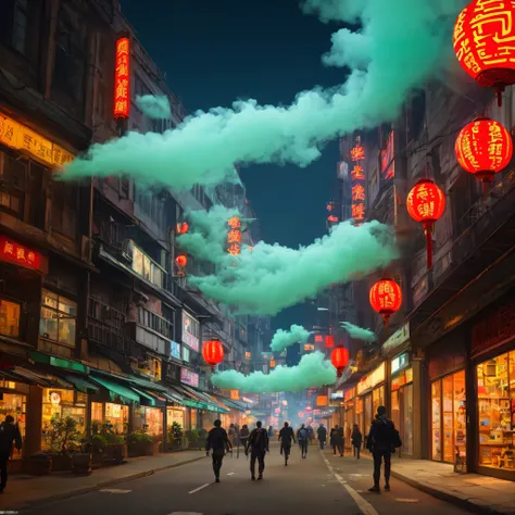 Cyberpunk cities in science fiction movies, night, Shrouded in green smoke, bridge, old store, Strange Stories from a Chinese Studio, Red Lantern, Ghosts wandering the streets, irregular, circuit board, electric wire, complex, super detailed, actual, Surre...