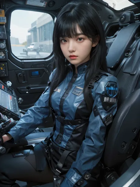 beautiful girl . Black hair. eighteen. Her bangs are down. she is looking at the camera with a defiant expression. she wears a blue-black metallic combat uniform. she is sitting in the robots cockpit.