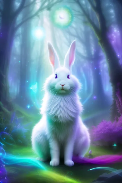 white rabbit, magical eggs, glowing, whimsical, enchanted forest, vibrant colors, soft lighting, detailed fur, mystical atmosphere, surreal, dreamlike, fantasy creatures, intricate patterns, mystical symbols, sparkling eyes, ethereal, hidden treasures, cur...