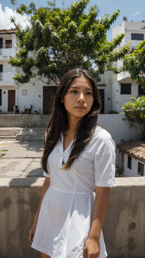 Indigenous girl from ecuador,mirando a un militar, pelo largo, vestido blanco, descansa, nube, day, cielo,al aire libre, despues de el Apocalipsis, restos, escenario, pollution, tree, agua