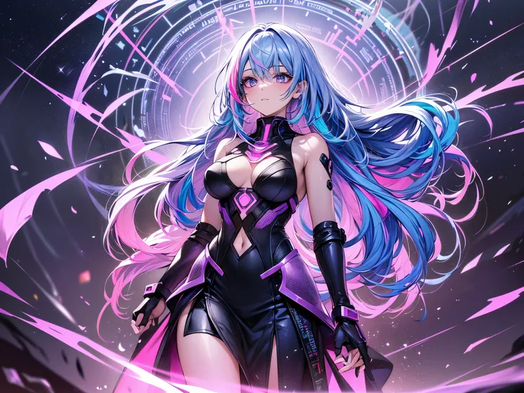 1 girl, 20 year old girl, one person, (Silver blue hair streaked pink purple:1.4), (Gradient sky blue hair ends:1.6), hair strand, absurdly long hair, single sidelock, wavy hair, shiny hair, floating hair, (Illusion deep purple eyes), delicate eyes, aqua e...