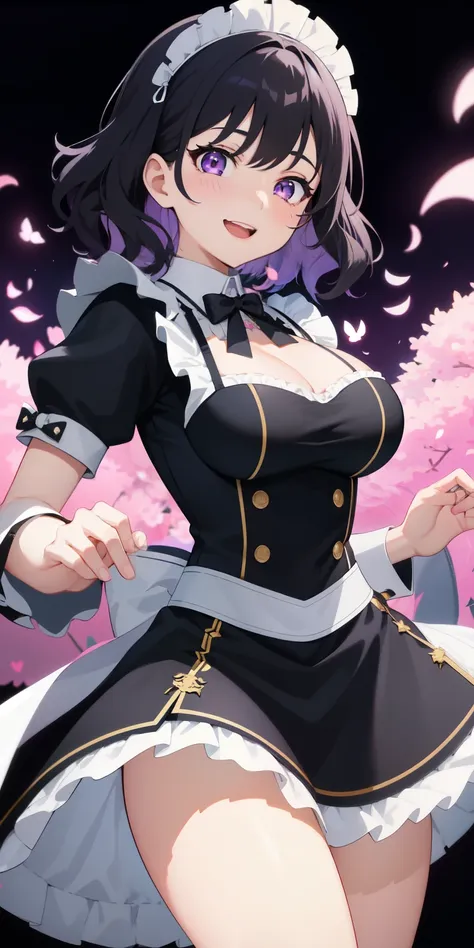 looking at the viewer, 1 girl, open your mouth, smile, Virtual YouTuber、with a girl、((highest quality, expensive_solve, clear_image)),(black hair), (ridiculously short hair), (wavy hair), (Purple eyes)、very big breasts,I wore a maid uniform、laughter、cleava...