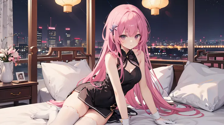 Chinese architecture,night chinese background， solo，a girl，170cm height，25CM bust，pink hair，cheongsam，black underwear，night，gentle，Smile， ((white stockings))，indoors，on the bed，(((bare arms))) ，black gloves，bare arms，mitsukasa ayase
