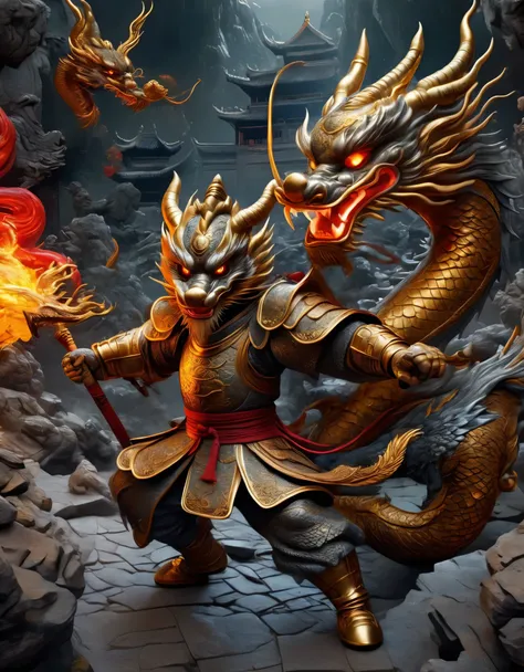 top view，(anthropomorphic Chinese dragon warrior in golden armor fighting enemies), sword swinging through dungeon roofs, red flames of hell, rubble flying, explosions, epic footage, iper quality, iper detail, intricate detail, octan rendering, cinema, sta...