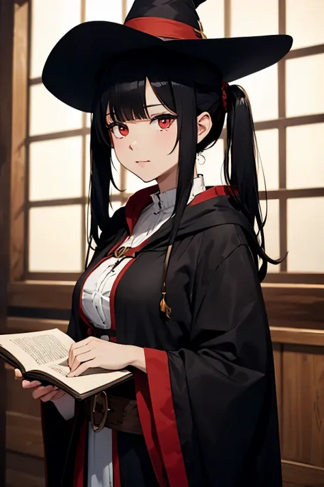 woman(solo)、alchemist、twin tails(black hair)、shy、red eyes、full breasted black robe、witch hat、holding a book、inside a magic shop ...