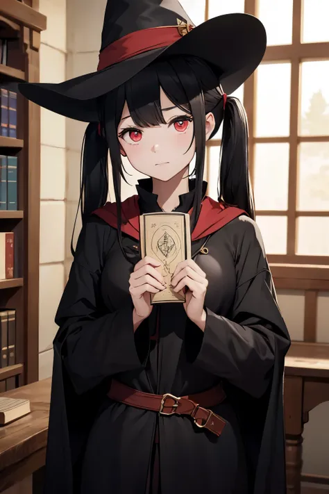 woman(solo)、alchemist、twin tails(black hair)、shy、red eyes、full breasted black robe、witch hat、have a thick book、inside a magic sh...