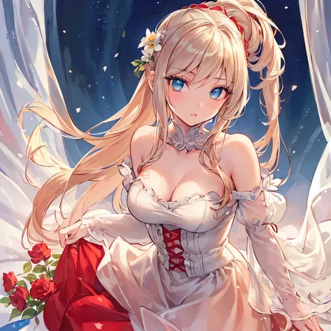 (best quality,ultra-detailed,photorealistic:1.37)alone,adult girl,A girl in a red and silver dress,Long flowing blondes hair tied up,green eye,blue eyes,Off-shoulder,long hair,long eyelashes,sparkling dress texture,detailed lips,flowers in the background,s...