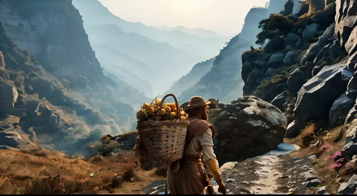 a peasant walking along a narrow, winding path through a rural landscape. In front of you, partially blocking the path, is a huge jagged rock. The peasant looks determined, carrying a harvest basket on one shoulder and holding a staff in the other hand. Th...