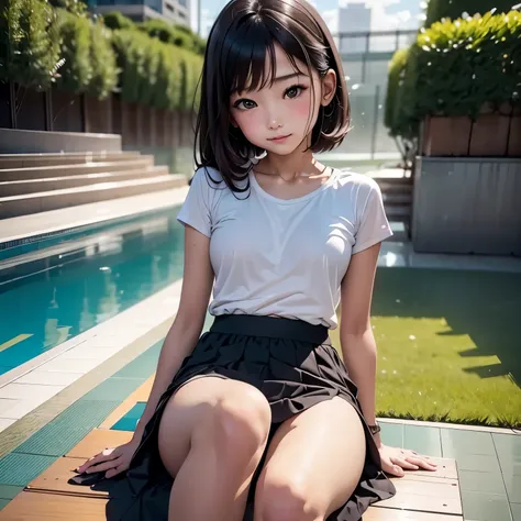 ultra high resolution photos、accurate depiction of the human body、sunlight、full body esbian、poolside、photo session、young girl、"p...