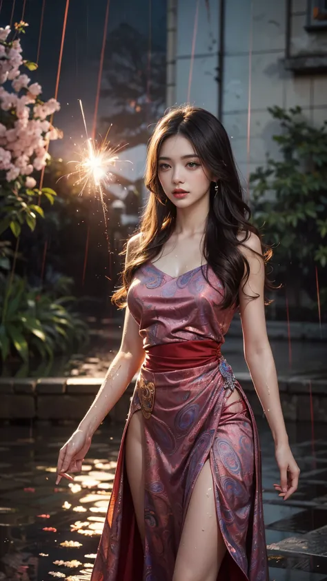 4k, ultra hd, masterpiece, 1 girl, serious face, detailed eyes, very long hair, (flare dress:1.5), (red flare dress:1.5), (paisley print:1.3), (jwellery:1.5), (bere waist:1.5), in the garden, cherry blossom, (rain:1.5), (water:1.5),