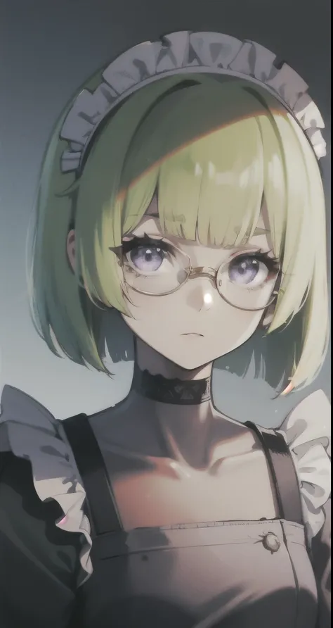 original costume, 1 girl, alone, short hair、round glasses、green hair、purple eyes、antique maid clothes、Shadow、detailed face、beautiful eyelashes、impressive eyes、whole body、front