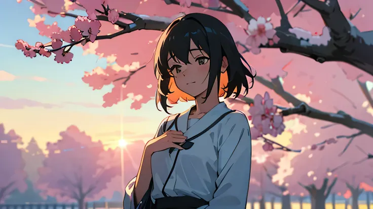 Refreshing sky,refreshing clouds,Cherry tree in full bloom,SakuraFubuki,The light of the sunset shines in,A cute woman wearing a teenage uniform gently places her hands on her chest,both eyes are closed,The expression on his face is calmly immersed in happ...