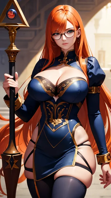 HD, A high resolution, realism, additional details, orange hair, Blue eyes, round decorative glasses, slender body, Big breasts, dark blue stockings, Large thighs, gold buttons, bodycon dress with cutout bust, Wooden staff in hands,