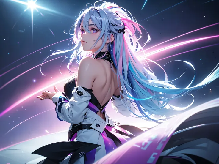 1 girl, 20 year old girl, one person, (Silver blue hair streaked pink purple:1.4), (Gradient sky blue hair ends:1.6), hair strand, absurdly long hair, single sidelock, wavy hair, shiny hair, floating hair, (Illusion deep purple eyes), delicate eyes, aqua e...