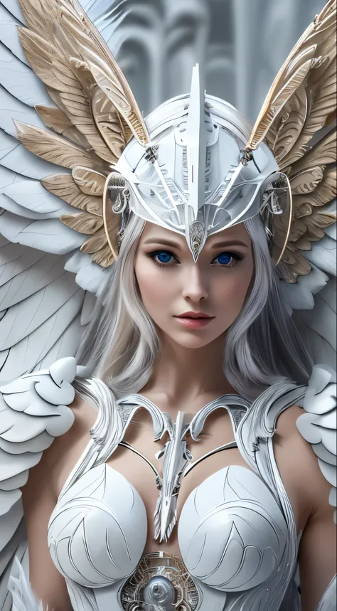 Close-up of a woman in a white dress with wings, full body angel, futuristic robot angel, amazing angel wings, angel knight gothic girl, angel in plastic armor, intricate costume designs, As a mysterious Valkyrie, Its whole body is made of white feathers,,...