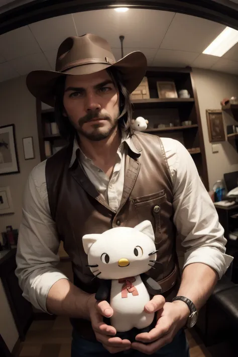 John Marston from rdr2 with Hello Kitty plushie in hands in fisheye view