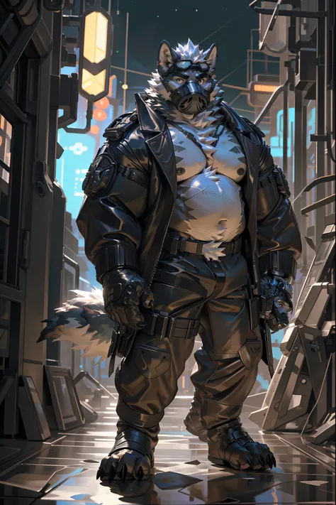 (by taran fiddler), (by darkgem:0.8), (by chunie:1), masterpiece, portrait, serious, looking at viewer, 8k, ultra detail, anthro wolf, (wolf print), full body, grey furry body, male, solo, long white hair, (detailed gas-mask, mechanical jawline, samurai ma...