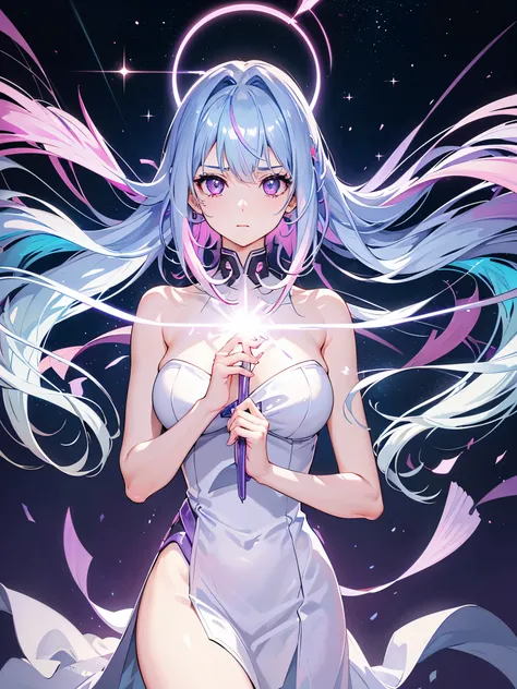 1 girl, 20 year old girl, one person, (Silver blue hair streaked pink purple:1.4), (Gradient sky blue hair ends:1.6), hair strand, absurdly long hair, single sidelock, wavy hair, shiny hair, floating hair, (Illusion deep purple eyes), delicate eyes, aqua e...