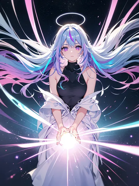 1 girl, 20 year old girl, one person, (Silver blue hair streaked pink purple:1.4), (Gradient sky blue hair ends:1.6), hair strand, absurdly long hair, single sidelock, wavy hair, shiny hair, floating hair, (Illusion deep purple eyes), delicate eyes, aqua e...