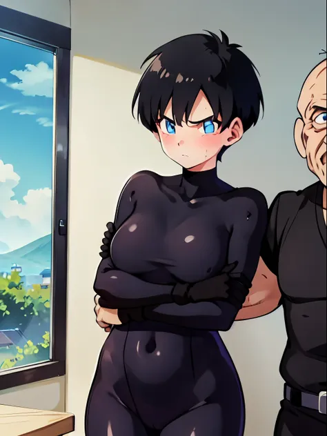 1 girl,((Girl hugged by old man:1.4)),((Black tight suit:1.4)),blush,embarrassing,serious face,blue eyes,Sweat,black hair,((very short hair:1.4)),(boyish girl:1.4)),big breasts,Research room