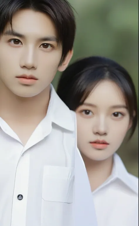 realistic, 1boy and 1girl, both with black hair and brown eyes, half body, outdoors, girl with popular korean makeup and boy wit...