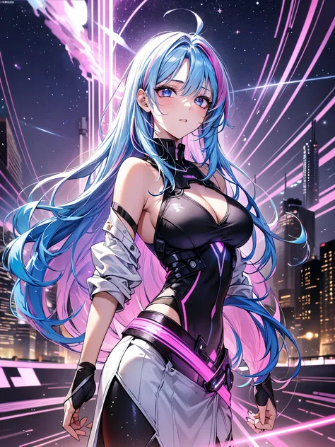 1 girl, 20 year old girl, one person, (Silver blue hair streaked pink purple:1.4), (Gradient sky blue hair ends:1.6), hair strand, absurdly long hair, single sidelock, wavy hair, shiny hair, floating hair, (Illusion deep purple eyes), delicate eyes, aqua e...