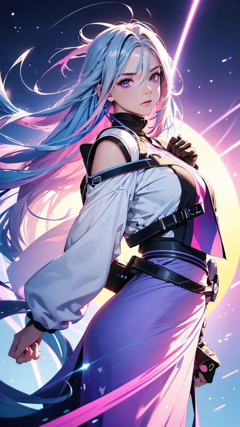 1 girl, 20 year old girl, one person, (Silver blue hair streaked pink purple:1.4), (Gradient sky blue hair ends:1.6), hair strand, absurdly long hair, single sidelock, wavy hair, shiny hair, floating hair, (Illusion deep purple eyes), delicate eyes, aqua e...