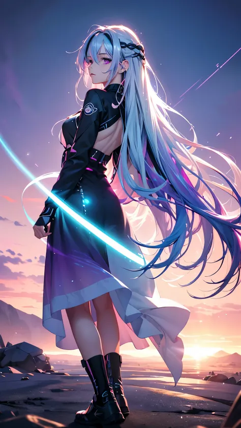 1 girl, 20 year old girl, one person, (Silver blue hair streaked pink purple:1.4), (Gradient sky blue hair ends:1.6), hair strand, absurdly long hair, single sidelock, wavy hair, shiny hair, floating hair, (Illusion deep purple eyes), delicate eyes, aqua e...